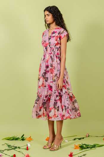 Shop_Swatee Singh_Pink Organza, Crepe V-neck Floral Garden Print Dress _Online_at_Aza_Fashions