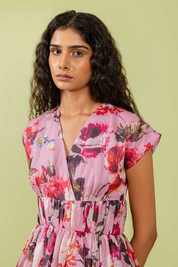 Swatee Singh_Pink Organza, Crepe V-neck Floral Garden Print Dress _at_Aza_Fashions