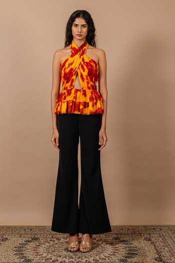 Shop_Swatee Singh_Yellow Georgette Halter Neck Floral Print Top _at_Aza_Fashions