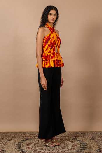 Swatee Singh_Yellow Georgette Halter Neck Floral Print Top _Online_at_Aza_Fashions