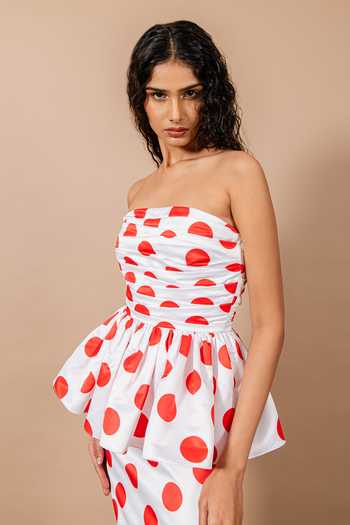 Swatee Singh_Red Satin Bandeau Neck Polka Dot Draped Dress _Online_at_Aza_Fashions
