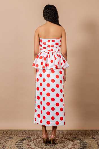 Shop_Swatee Singh_Red Satin Bandeau Neck Polka Dot Draped Dress _at_Aza_Fashions