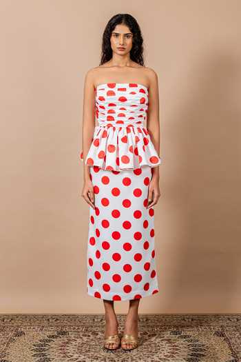 Shop_Swatee Singh_Red Satin Bandeau Neck Polka Dot Draped Dress _Online_at_Aza_Fashions