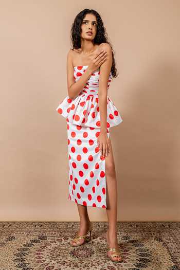 Swatee Singh_Red Satin Bandeau Neck Polka Dot Draped Dress _at_Aza_Fashions