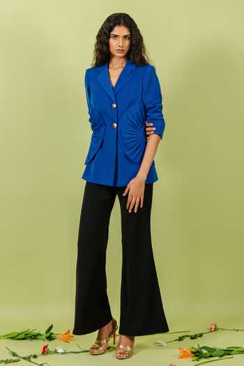Swatee Singh_Blue Crepe Fan Pleated Blazer _Online_at_Aza_Fashions