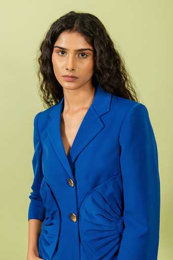 Swatee Singh_Blue Crepe Fan Pleated Blazer _at_Aza_Fashions