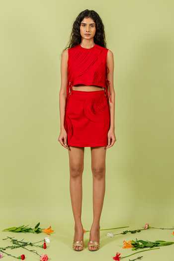 Buy_Swatee Singh_Red Crepe Round Neck Textured Top With Skirt _at_Aza_Fashions