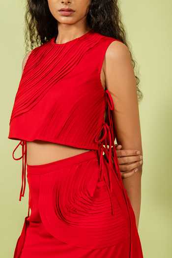 Buy_Swatee Singh_Red Crepe Round Neck Textured Top With Skirt _Online_at_Aza_Fashions