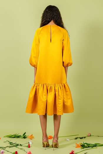 Shop_Swatee Singh_Yellow Satin Round Neck Pleated Hem Dress _at_Aza_Fashions