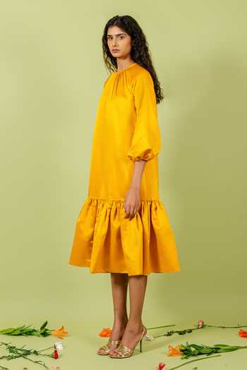 Swatee Singh_Yellow Satin Round Neck Pleated Hem Dress _Online_at_Aza_Fashions