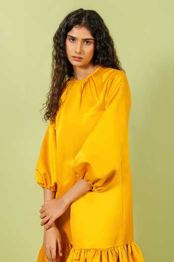 Buy_Swatee Singh_Yellow Satin Round Neck Pleated Hem Dress _Online_at_Aza_Fashions