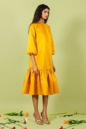 Shop_Swatee Singh_Yellow Satin Round Neck Pleated Hem Dress _Online_at_Aza_Fashions