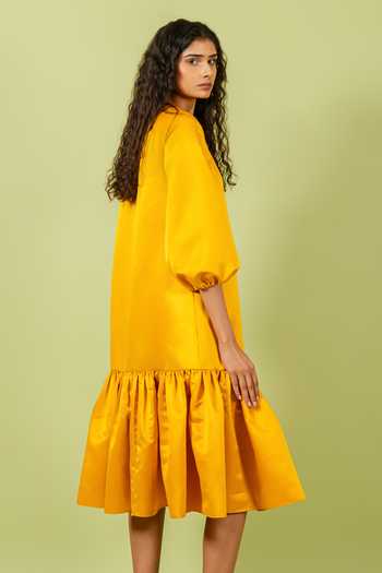 Swatee Singh_Yellow Satin Round Neck Pleated Hem Dress _at_Aza_Fashions