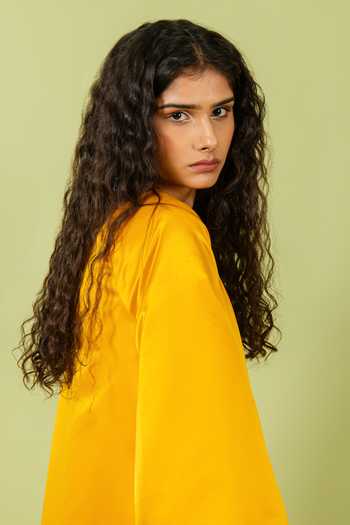 Buy_Swatee Singh_Yellow Satin Round Neck Pleated Hem Dress 