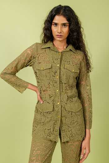 Swatee Singh_Olive Green Lace, Crepe Collared Neck Shirt And Pant Set _Online_at_Aza_Fashions