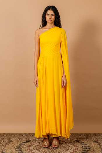 Swatee Singh_Yellow Georgette, Crepe One Shoulder Flavia Gown _Online_at_Aza_Fashions