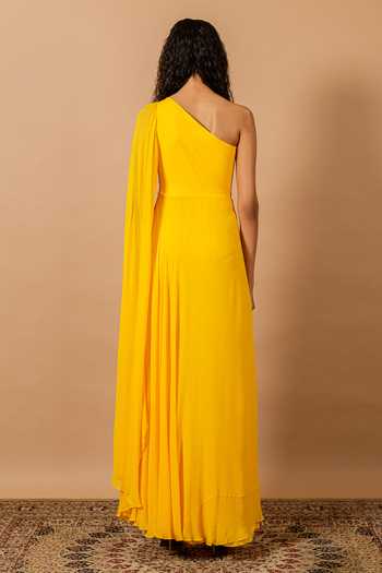 Shop_Swatee Singh_Yellow Georgette, Crepe One Shoulder Flavia Gown _at_Aza_Fashions