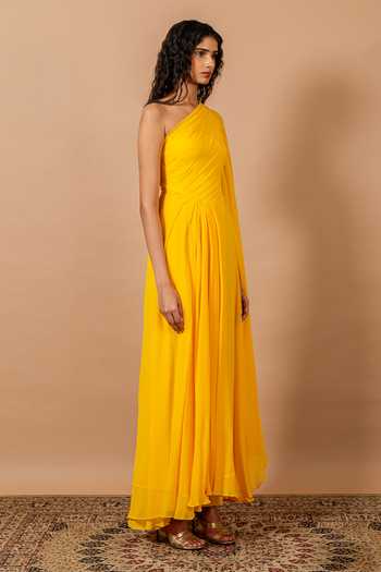 Buy_Swatee Singh_Yellow Georgette, Crepe One Shoulder Flavia Gown _Online_at_Aza_Fashions