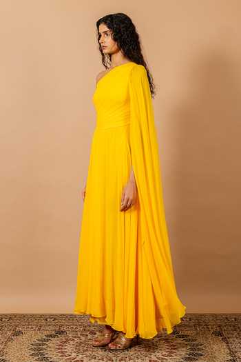 Shop_Swatee Singh_Yellow Georgette, Crepe One Shoulder Flavia Gown _Online_at_Aza_Fashions