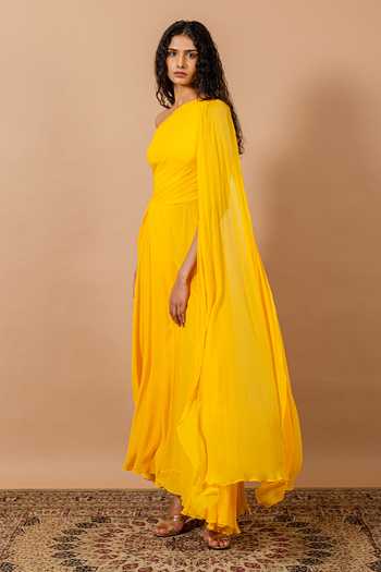 Swatee Singh_Yellow Georgette, Crepe One Shoulder Flavia Gown _at_Aza_Fashions