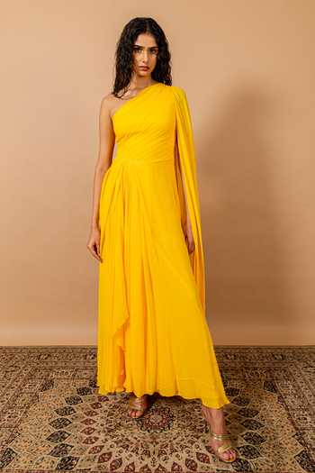 Buy_Swatee Singh_Yellow Georgette, Crepe One Shoulder Flavia Gown 