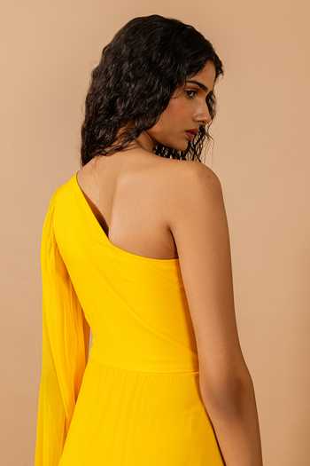 Shop_Swatee Singh_Yellow Georgette, Crepe One Shoulder Flavia Gown 