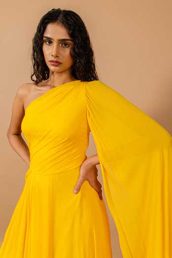 Swatee Singh_Yellow Georgette, Crepe One Shoulder Flavia Gown _Online