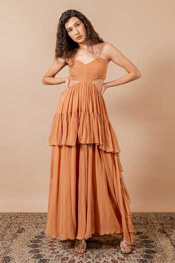 Buy_Swatee Singh_Brown Georgette Sweetheart Neck Yara Ruched Gown _at_Aza_Fashions