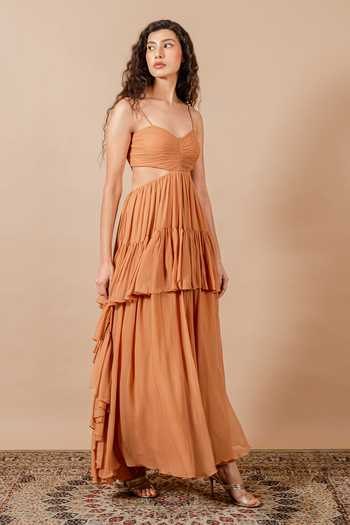 Swatee Singh_Brown Georgette Sweetheart Neck Yara Ruched Gown _Online_at_Aza_Fashions