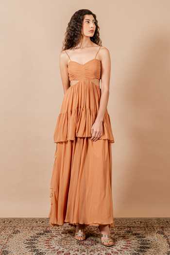 Buy_Swatee Singh_Brown Georgette Sweetheart Neck Yara Ruched Gown _Online_at_Aza_Fashions