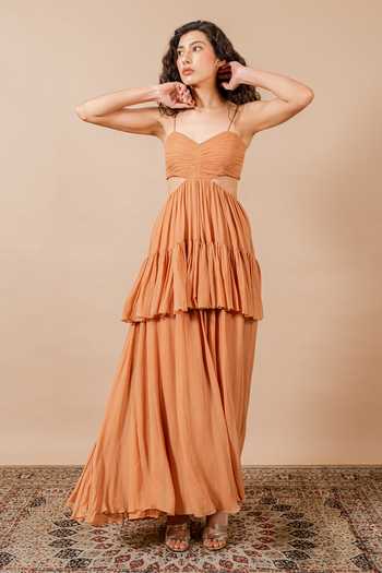Shop_Swatee Singh_Brown Georgette Sweetheart Neck Yara Ruched Gown _Online_at_Aza_Fashions