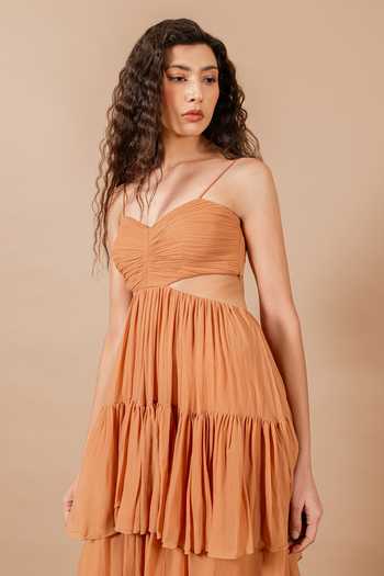 Swatee Singh_Brown Georgette Sweetheart Neck Yara Ruched Gown _at_Aza_Fashions