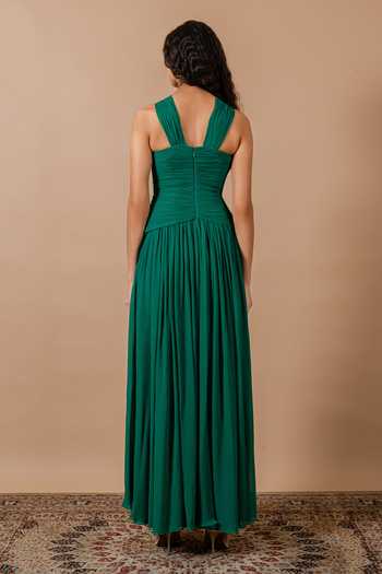 Shop_Swatee Singh_Emerald Green Georgette Ruffles Halter Neck Jade Ruched Gown _at_Aza_Fashions