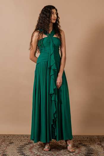 Swatee Singh_Emerald Green Georgette Ruffles Halter Neck Jade Ruched Gown _Online_at_Aza_Fashions