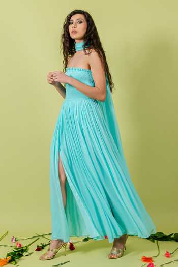 Buy_Swatee Singh_Blue Georgette, Crepe Bandeau Neck Marina Smocked Tube Gown With Stole _at_Aza_Fashions