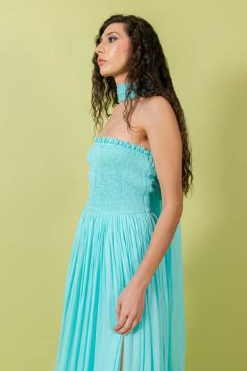 Swatee Singh_Blue Georgette, Crepe Bandeau Neck Marina Smocked Tube Gown With Stole _Online_at_Aza_Fashions