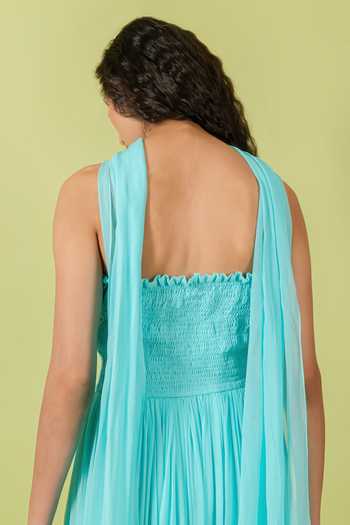 Buy_Swatee Singh_Blue Georgette, Crepe Bandeau Neck Marina Smocked Tube Gown With Stole _Online_at_Aza_Fashions