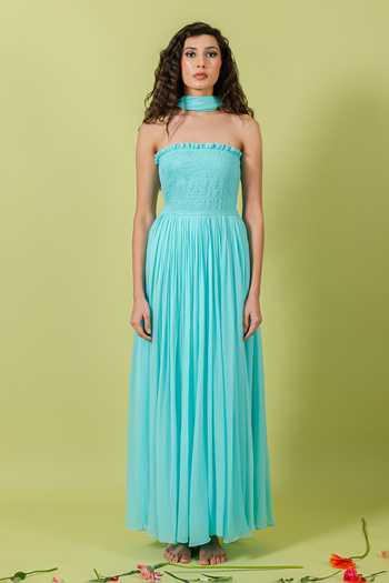 Shop_Swatee Singh_Blue Georgette, Crepe Bandeau Neck Marina Smocked Tube Gown With Stole _Online_at_Aza_Fashions