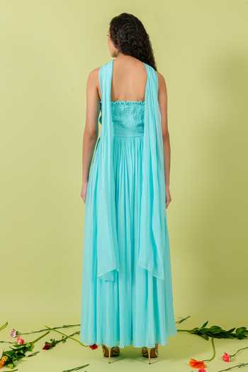 Shop_Swatee Singh_Blue Georgette, Crepe Bandeau Neck Marina Smocked Tube Gown With Stole _at_Aza_Fashions