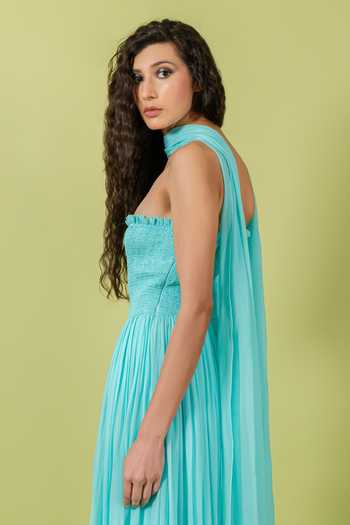 Buy_Swatee Singh_Blue Georgette, Crepe Bandeau Neck Marina Smocked Tube Gown With Stole 