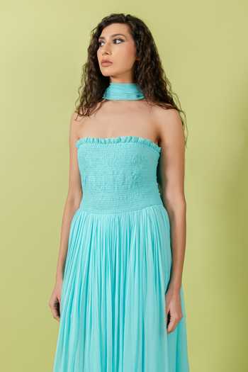 Shop_Swatee Singh_Blue Georgette, Crepe Bandeau Neck Marina Smocked Tube Gown With Stole 