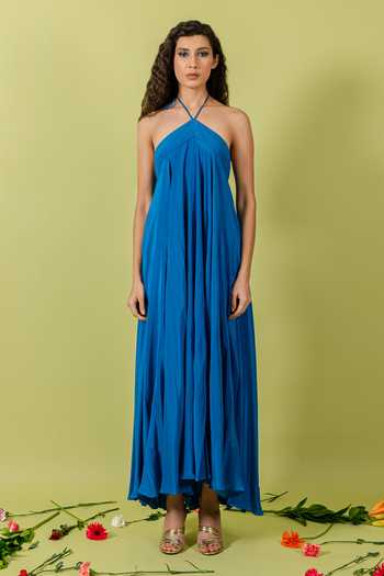 Shop_Swatee Singh_Blue Crepe Halter Neck Azura Dress _Online_at_Aza_Fashions