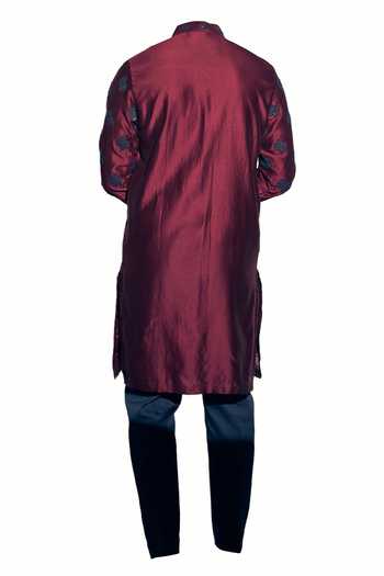 Shop_Kaaj Button X AZA_Maroon Chanderi, Satin Cut Work Cutdana Embroidered Kurta With Pant _at_Aza_Fashions