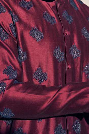 Kaaj Button X AZA_Maroon Chanderi, Satin Cut Work Cutdana Embroidered Kurta With Pant _Online_at_Aza_Fashions