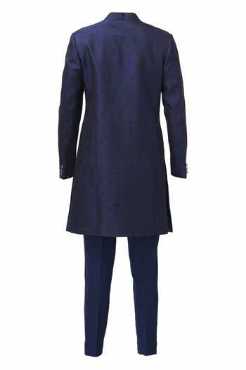 Shop_Manish Nagdeo_Blue Viscose Embroidery Flower Pattern Long Bandhgala With Trouser _at_Aza_Fashions