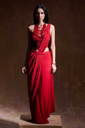 Buy_House of Arshiyaa_Red Georgette, Net Embroidery, Beads Halter Neck Corset And Pre-draped Set _at_Aza_Fashions