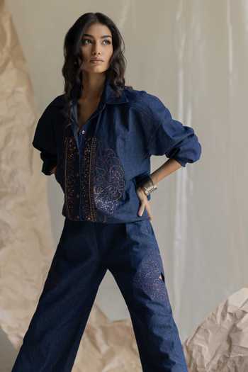 Buy_Pooja-Keyur_Blue Denim Open Neck Placement Embroidered Shirt _at_Aza_Fashions