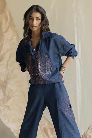 Shop_Pooja-Keyur_Blue Denim Open Neck Placement Embroidered Shirt _Online_at_Aza_Fashions