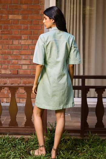 Shop_Needleten_Green Cotton Collared Neck Utility Dress And Belt Set _at_Aza_Fashions