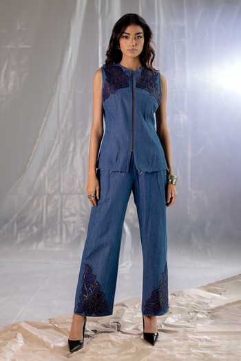 Buy_Pooja-Keyur_Blue Denim Round Neck Aari Embroidered Top And Pant Set _at_Aza_Fashions